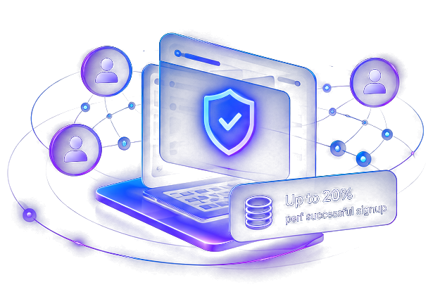 Network artwork: a laptop with a verified shield connecting people, earning up to 20% per successful signup