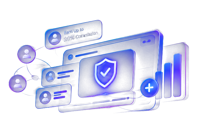 Affiliate dashboard artwork: referral cards feeding a verified account, earning up to 20% commission